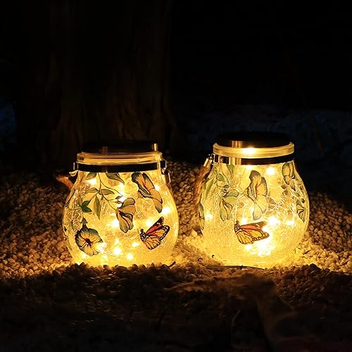 Miniatura 8 de Luces solares colgantes para exteriores, impermeables, para exteriores, paquete de 2 faroles de cristal decorativos para exteriores con impresión de