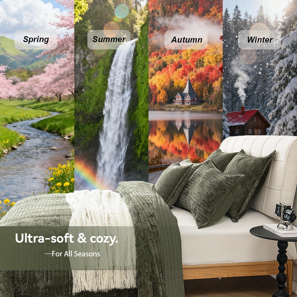 Velvet Oversized King Size Quilt Set 120x128 Soft Striped Bed Cover Set All Seasons Cozy Breathable Bedspread Includes 2 Pillowcases 20×36,Army Green - Image 7