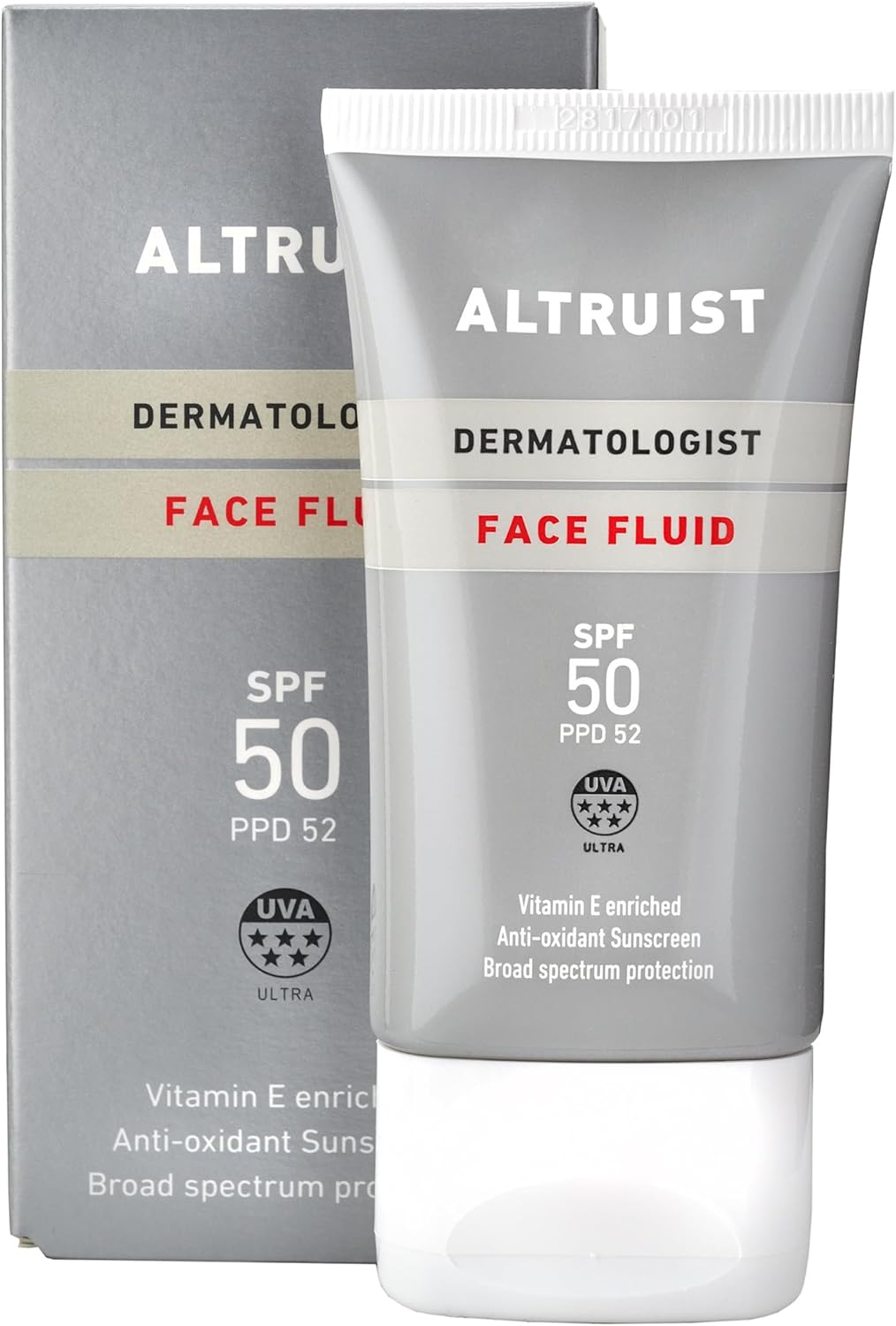 Altruist Dermatologist Sunscreen Fluid SPF – Superior 5star UVA face protection by Dr Andrew Birnie premium antioxidant, White, Unscented, 50 millilitre