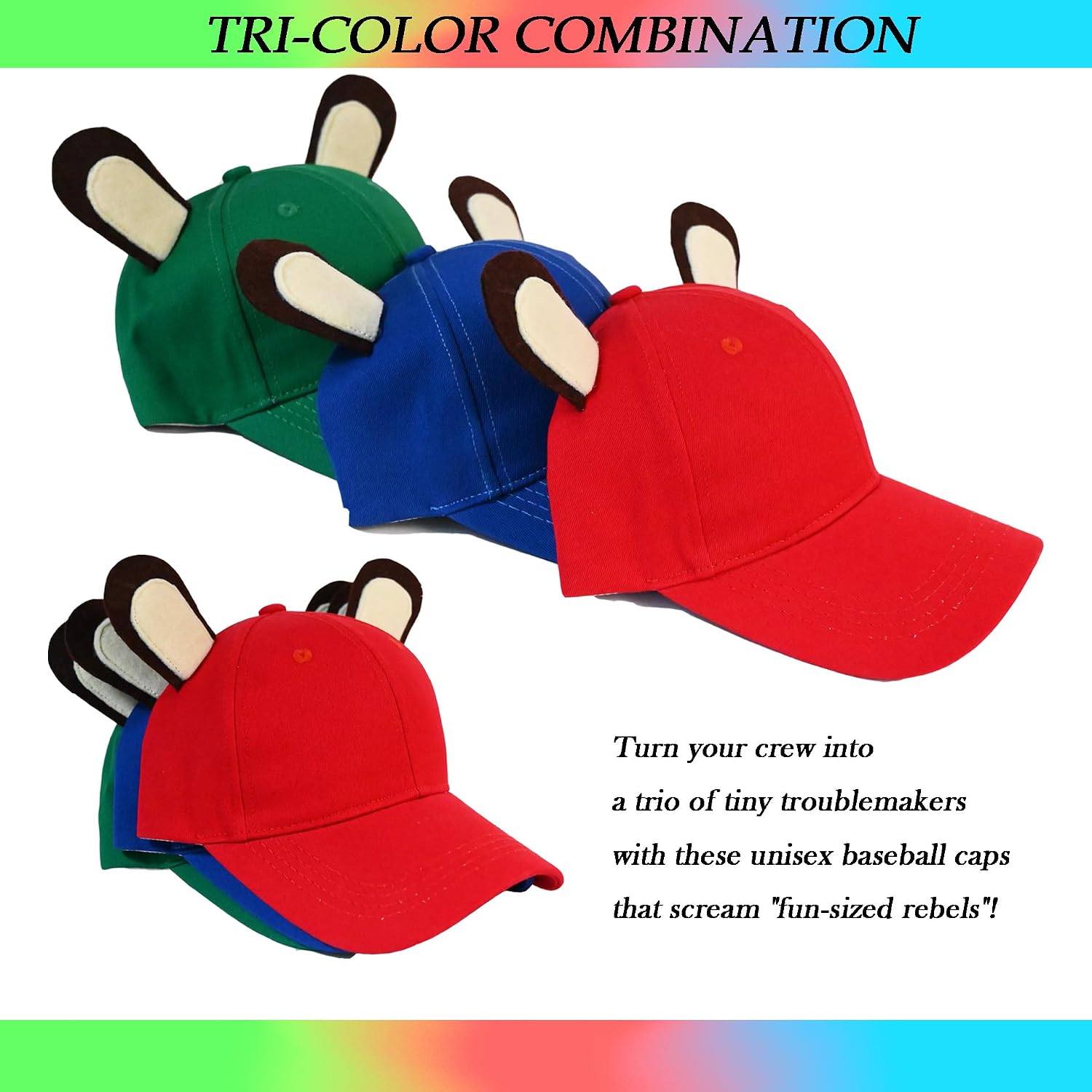 3PCS Chipmunks Hat with Ears Red Blue Green Unisex Baseball Cap with Adjustable Strap for Adult Halloween Costume Accessory