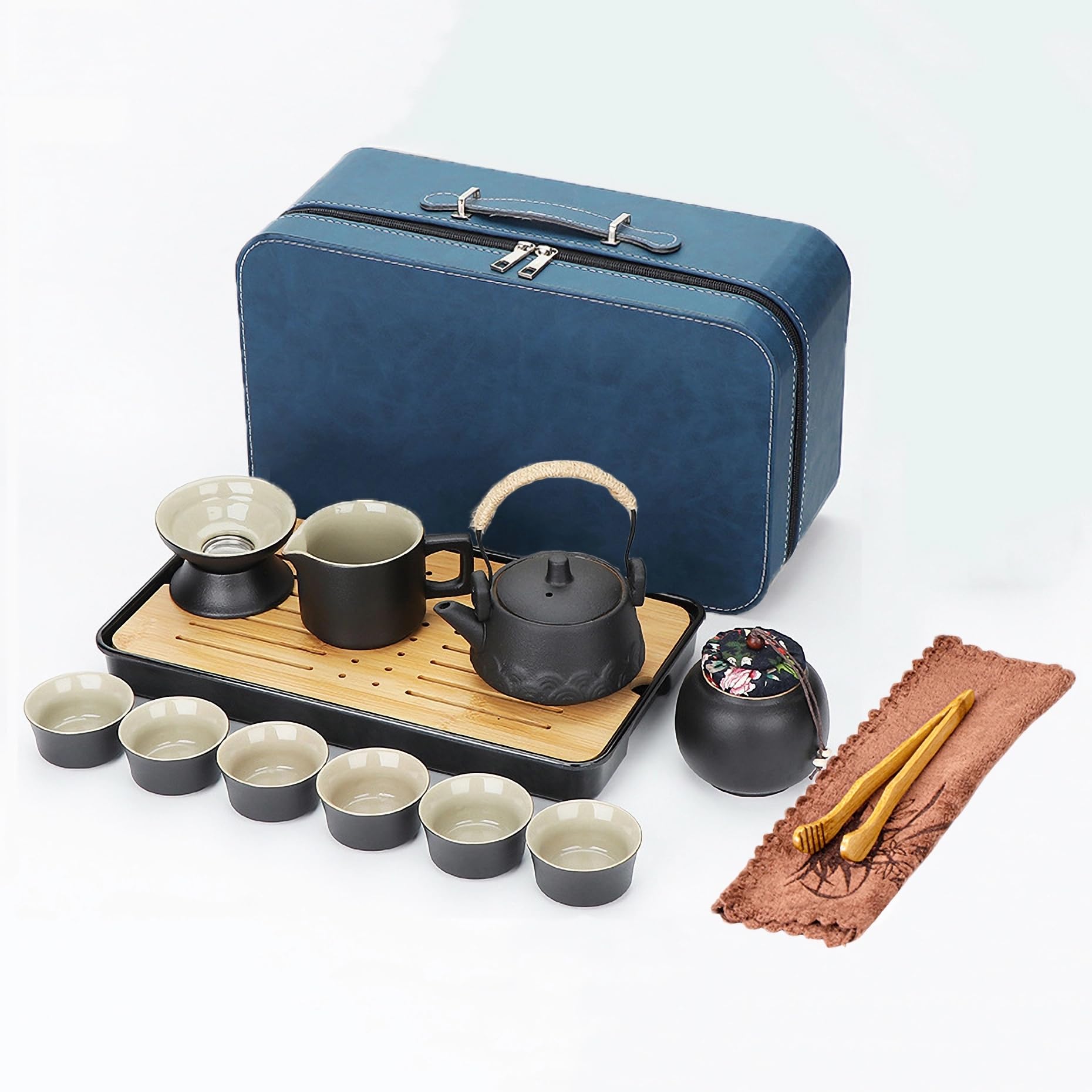 Théière avec passoire intégrée, service à thé en porcelaine chinoise avec théière et 6 tasses, service à thé avec poignée en corde de chanvre pour thé en vrac, cadeau pour les amateurs de thé