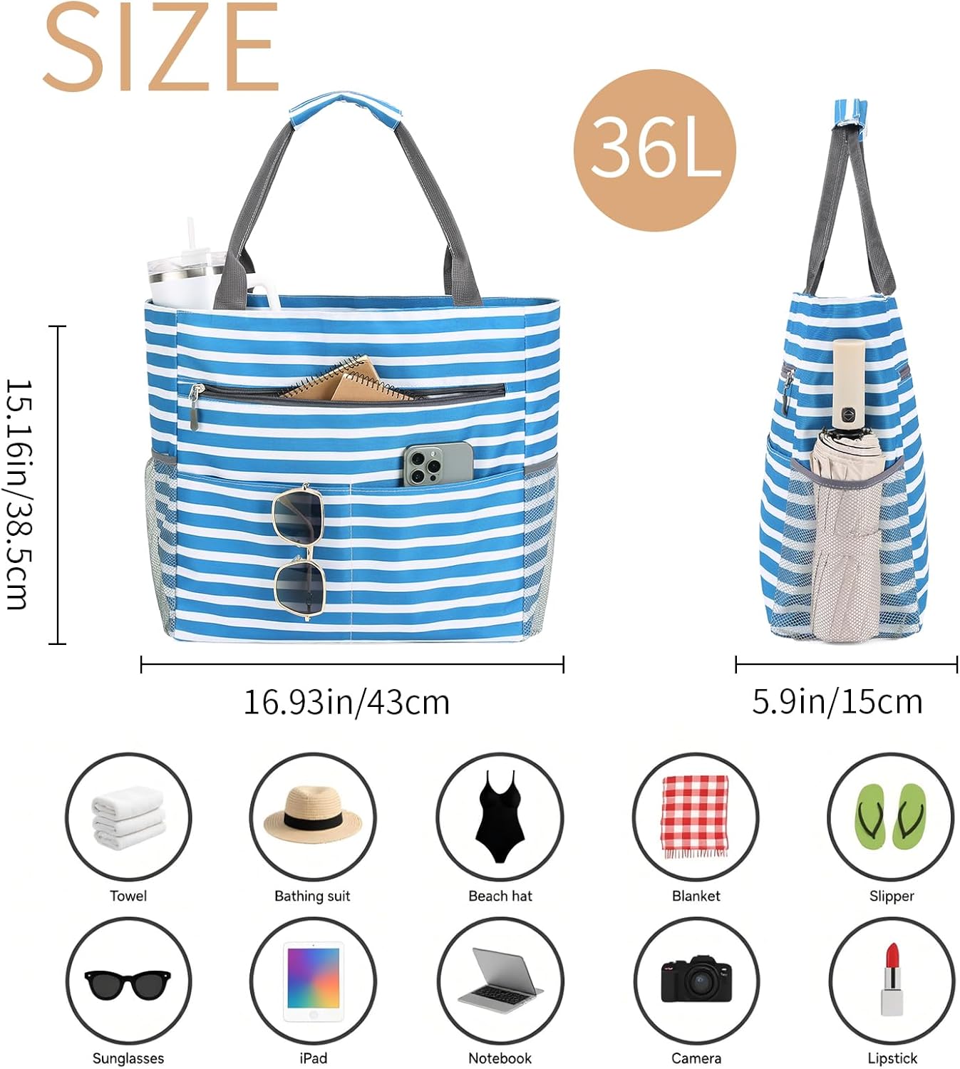 Beach Bags for Women Water-resistant Sandp-resistant Beach Tote Bag Large Capacity Foldable Pool Bag with Zipper