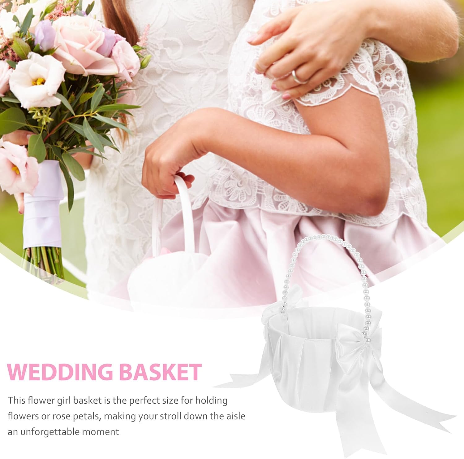 Luxshiny Elegant Wedding Flower Girl Basket with Pearl Handle and Bowknot, Handheld Bleached Floral Basket for Wedding Ceremony and Party Decoration