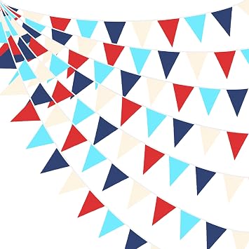 32Ft Red Blue White Nautical Pennant Banner Fabric Triangle Flag Bunting Garland Streamer for Nautical Theme Birthday Ahoy Achor Pirate Patriotic Wedding Party Home Outdoor Garden Hanging Decorations