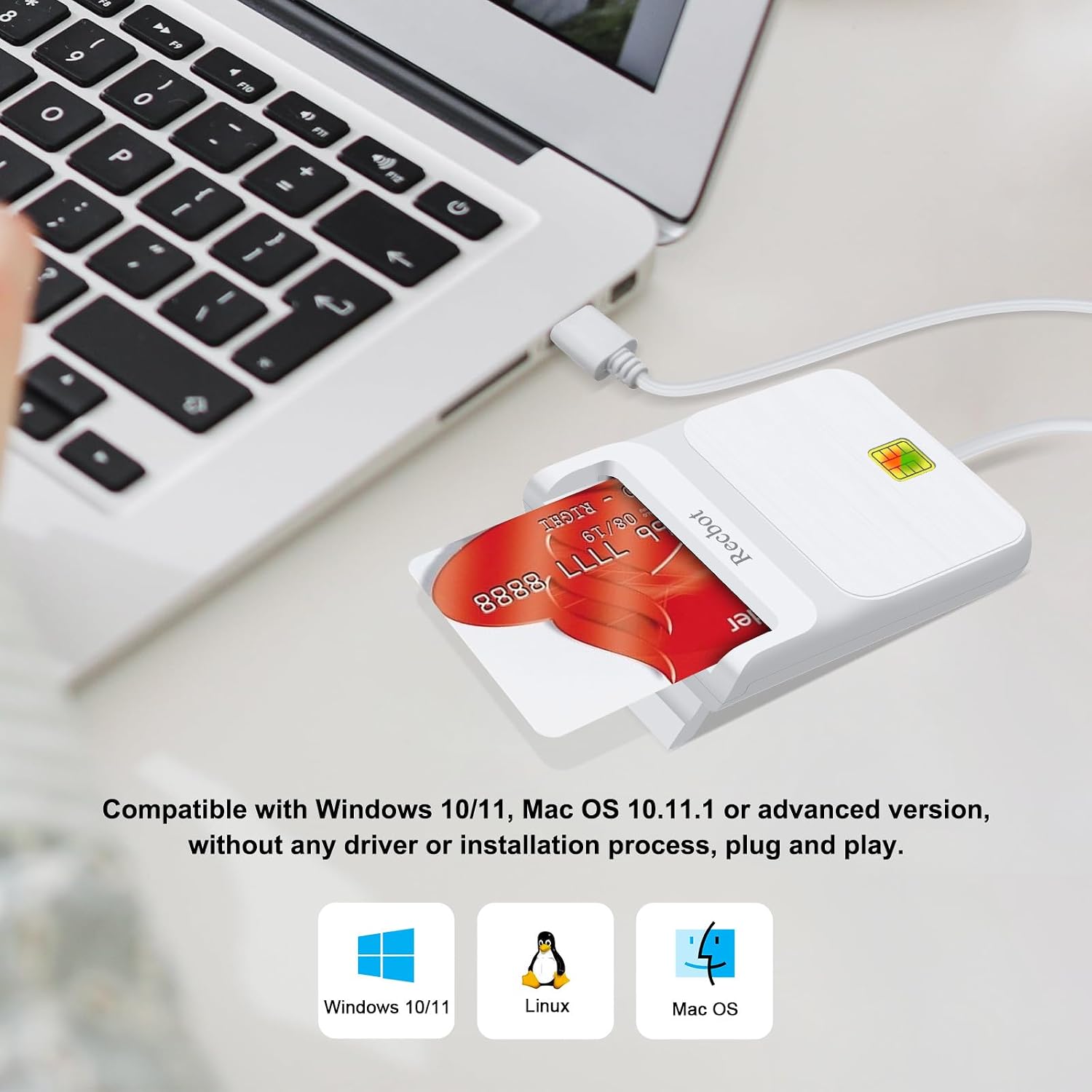 Recbot CAC Card Reader for Military Card, Smart Card Reader, Windows Mac | Plug & Play, Compatibility with DoD CAC, Supports Windows Mac, id card reader, piv card reader, White