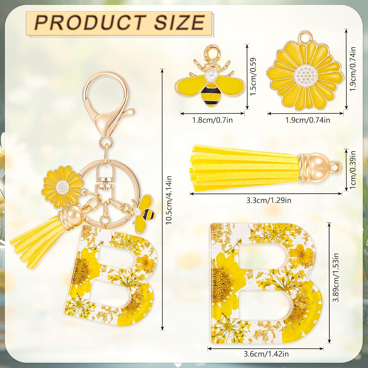 MWOOT Initial Letter Keychain Resin Alphabet Keyrings,Yellow Petals Gold Foil Key Ring Key Chain Charm