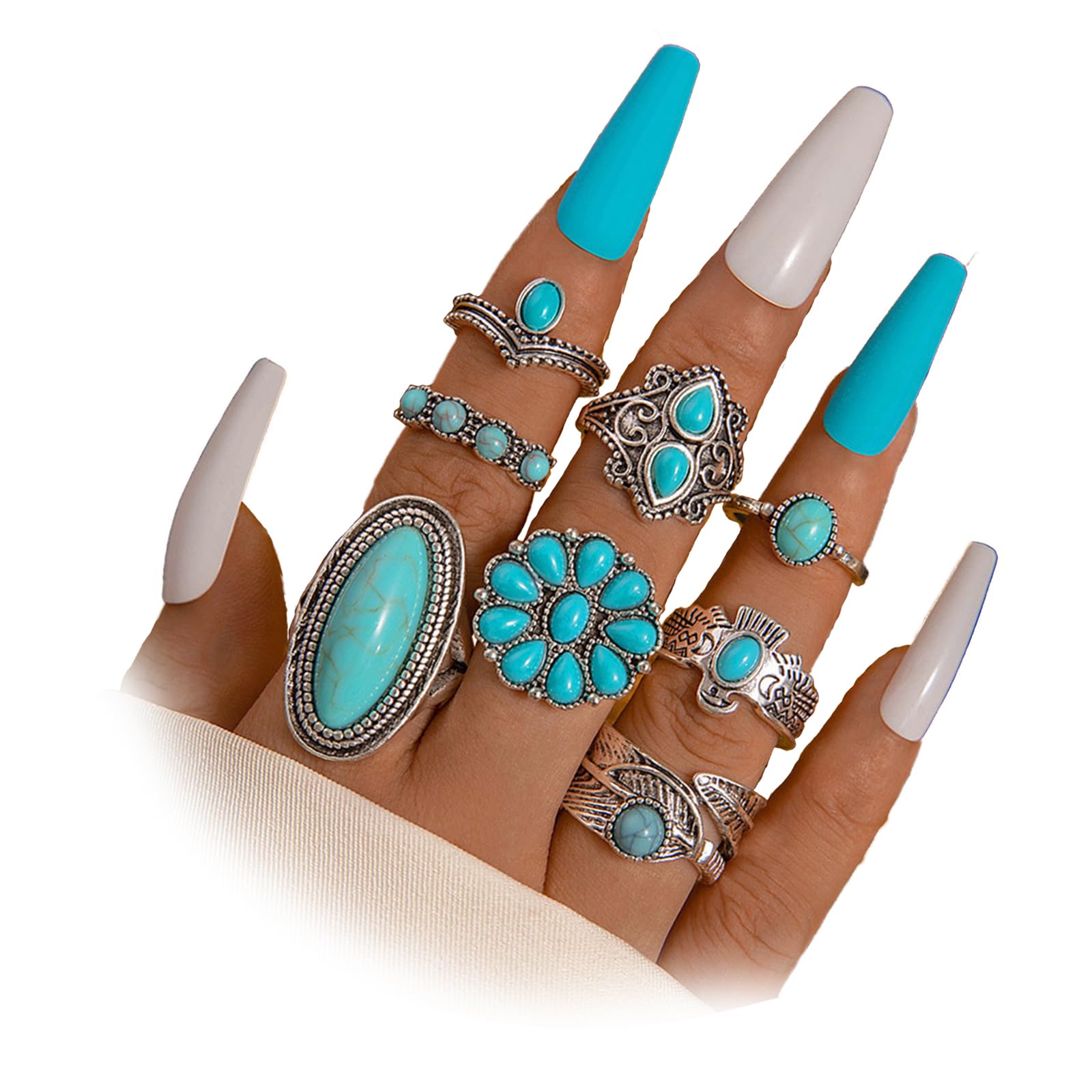 Juego de anillos bohemios de turquesa para mujer, anillos occidentales gruesos y gruesos de ópalo turquesa apilable, juego de anillos de nudillos punk de cristal midi, joyería bohemia, Metal, Sin