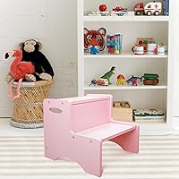 Vista 6 de WOOD CITY Taburete de madera para niños, taburete rosa de dos pasos para niños con asas, almohadillas antideslizantes adicionales para mayor