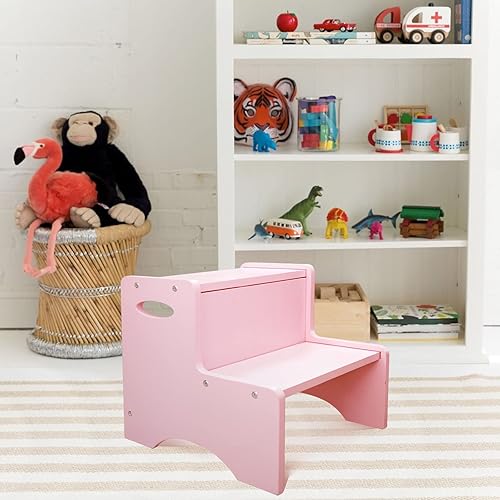 Miniatura 6 de WOOD CITY Taburete de madera para niños, taburete rosa de dos pasos para niños con asas, almohadillas antideslizantes adicionales para mayor