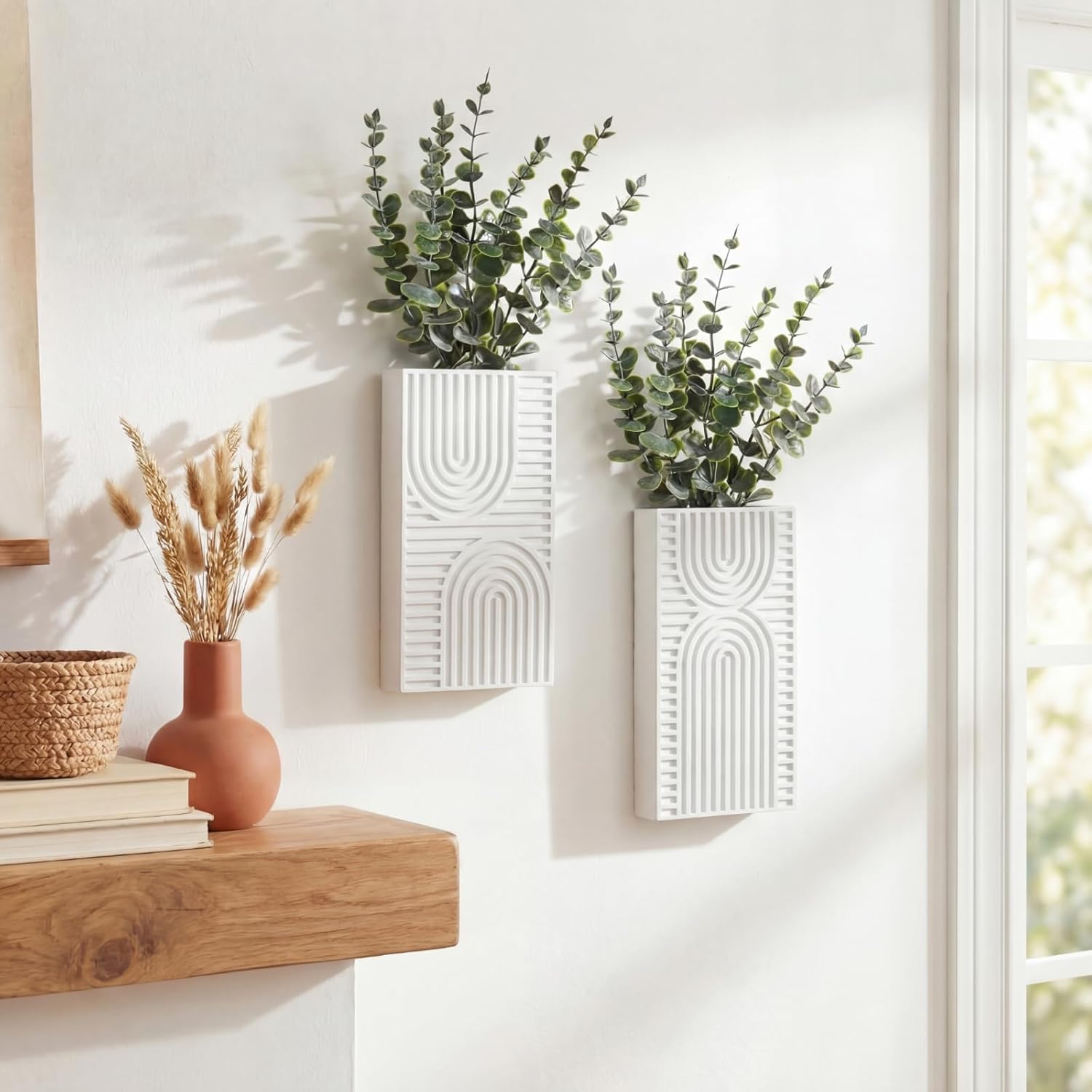 2 Pack Modern Farmhouse Wall Decor Wood Planter Vase with Artificial Eucalyptus Farmhouse Bohemian Hanging Wall Decor for Bathroom Dinning Room Living Room Hallway Bedroom(White)
