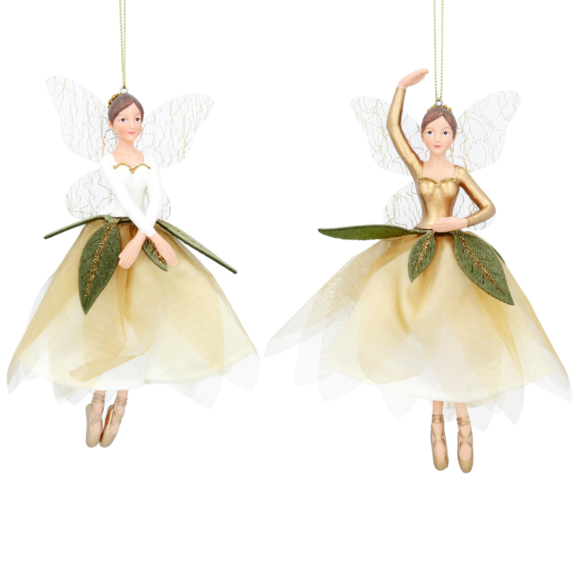 Gisela Graham Cream Fairy In & Gold Fabric & Resin 17 Centimetre Fairy Decoration, Set Of 2