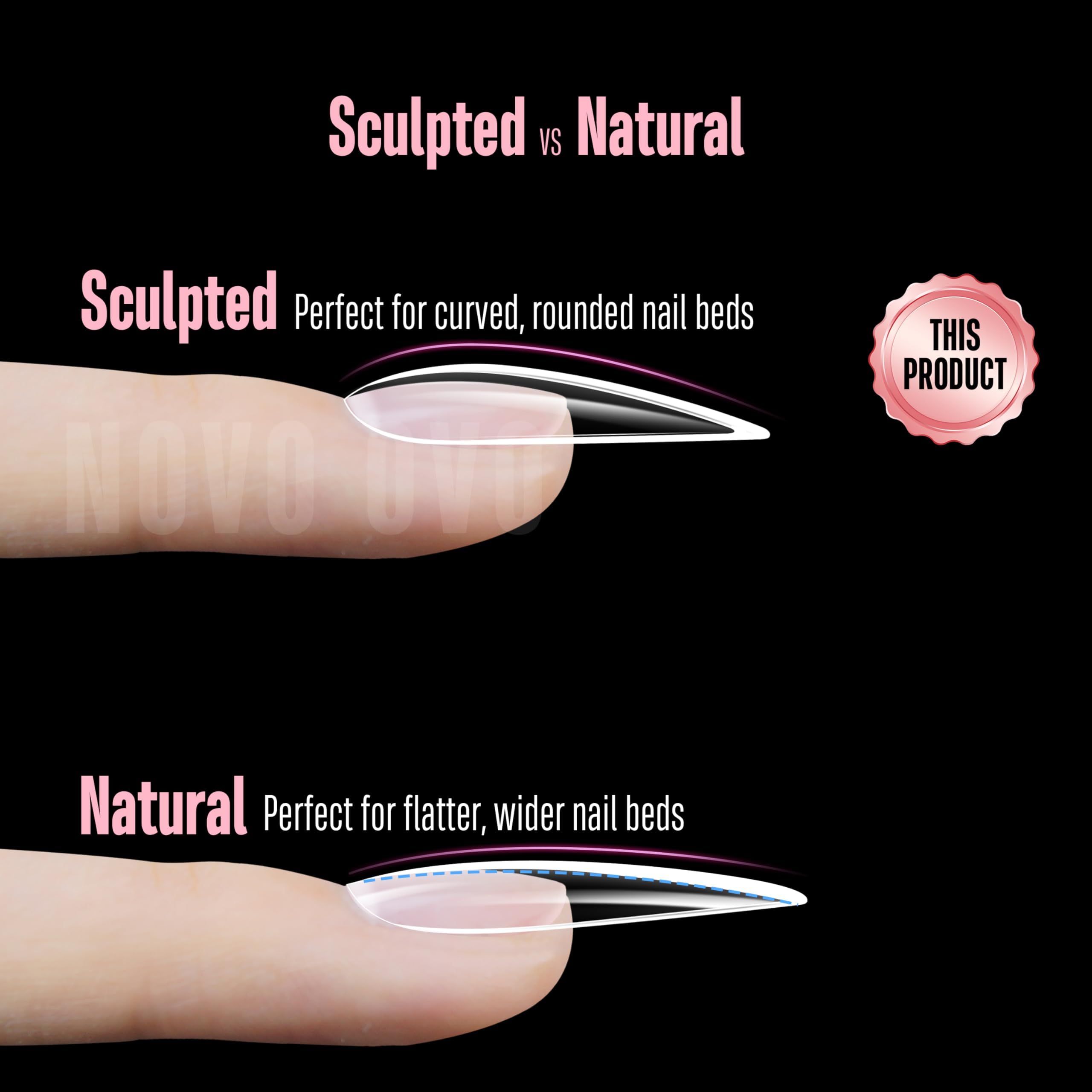 NOVO OVO L Sculpted Almond Nail Tip for Curved Nails, geformte Ballerina für gebogene Nägel, extra dicke lange künstliche Nägel, vollständige Abdeckung x 15 Größen, 450 Stück
