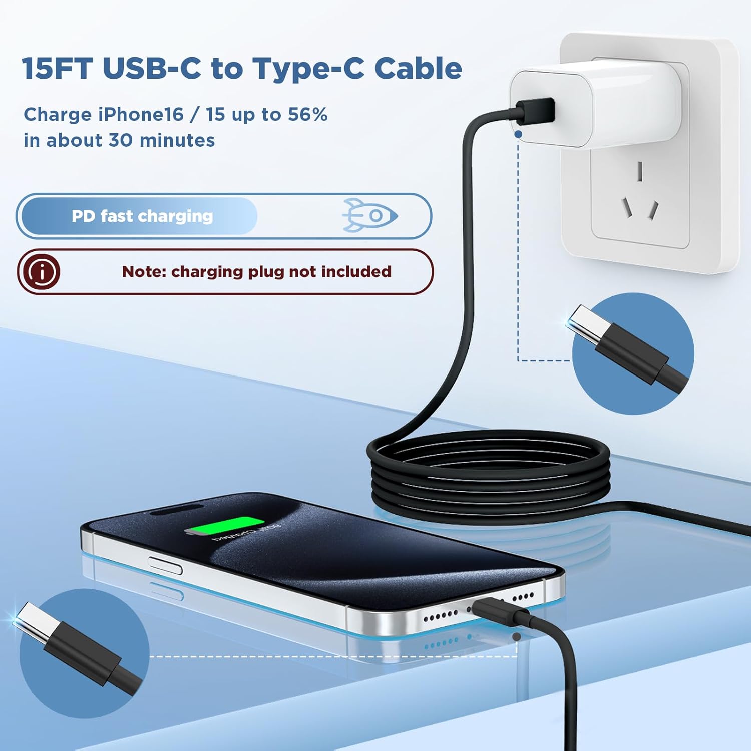 Long USB C to USB C Cable 15FT for iPhone 17 16 15 Pro Max,60W Fast Charging Type C to Type C Charger Cord for iPhone 17 16 15/16 15 Plus/17 Air/17 16 15 Pro, iPad Pro/Air,MacBook,Galaxy S25-Black