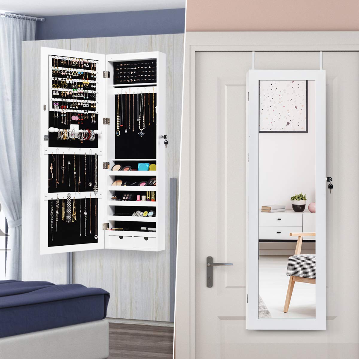 COSTWAY Schmuckschrank mit 15 LED Leuchten, Spiegelschrank mit Tür- und Wandmontage, Schmuckkasten mit Ganzkörperspiegel, Schmuckregal für Ringe, Kettenhaken und Ohrringe, inkl.2 Schlüssel (Beige)