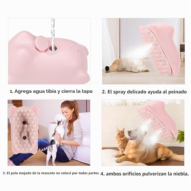 Foto 6 de 8 de Chinoket Cepillo de Vapor 3 en 1 para Perros y Gatos, Peine de Aseo y Depilación, 2 Sprays (Rosa)