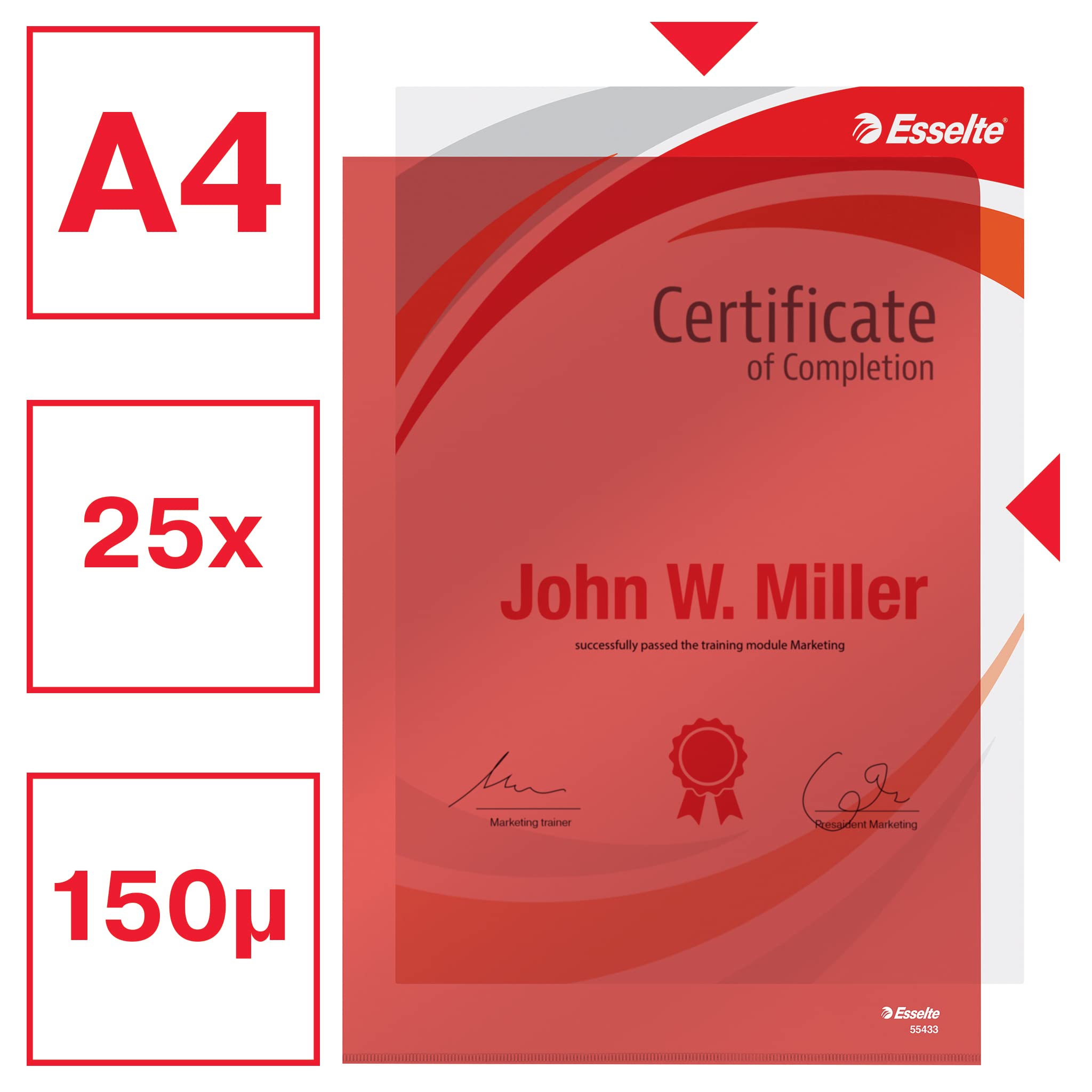Esselte Buste L PVC Cristal, per Archiviare e Conservare Documenti in Formato A4, Confezione da 25 Buste Rosse Trasparenti, 55433