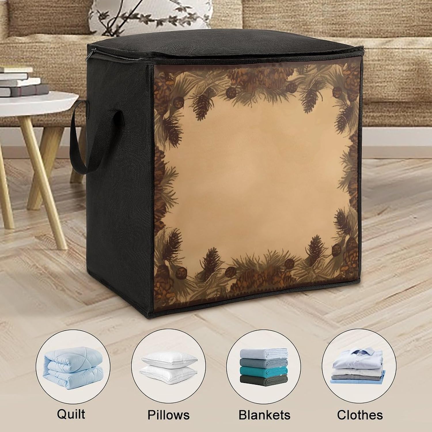 Pine Cone Border Storage Bag with Zippers And Handle Extra Large Bedding Comforter Storage Bag Foldable Blanket Storage Bags Fabric Moving Bags for Closet Organizer (70L)