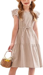 Toddler Cotton Linen Dress Summer Casual Party Double-Ruffle Sleeves Dresses 2-6Y - Buy now