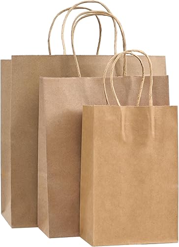 PAICUIKE 130 bolsas de papel marrón con asas, bolsas de compras de papel kraft de varios tamaños a granel, bolsa de regalo marrón natural para