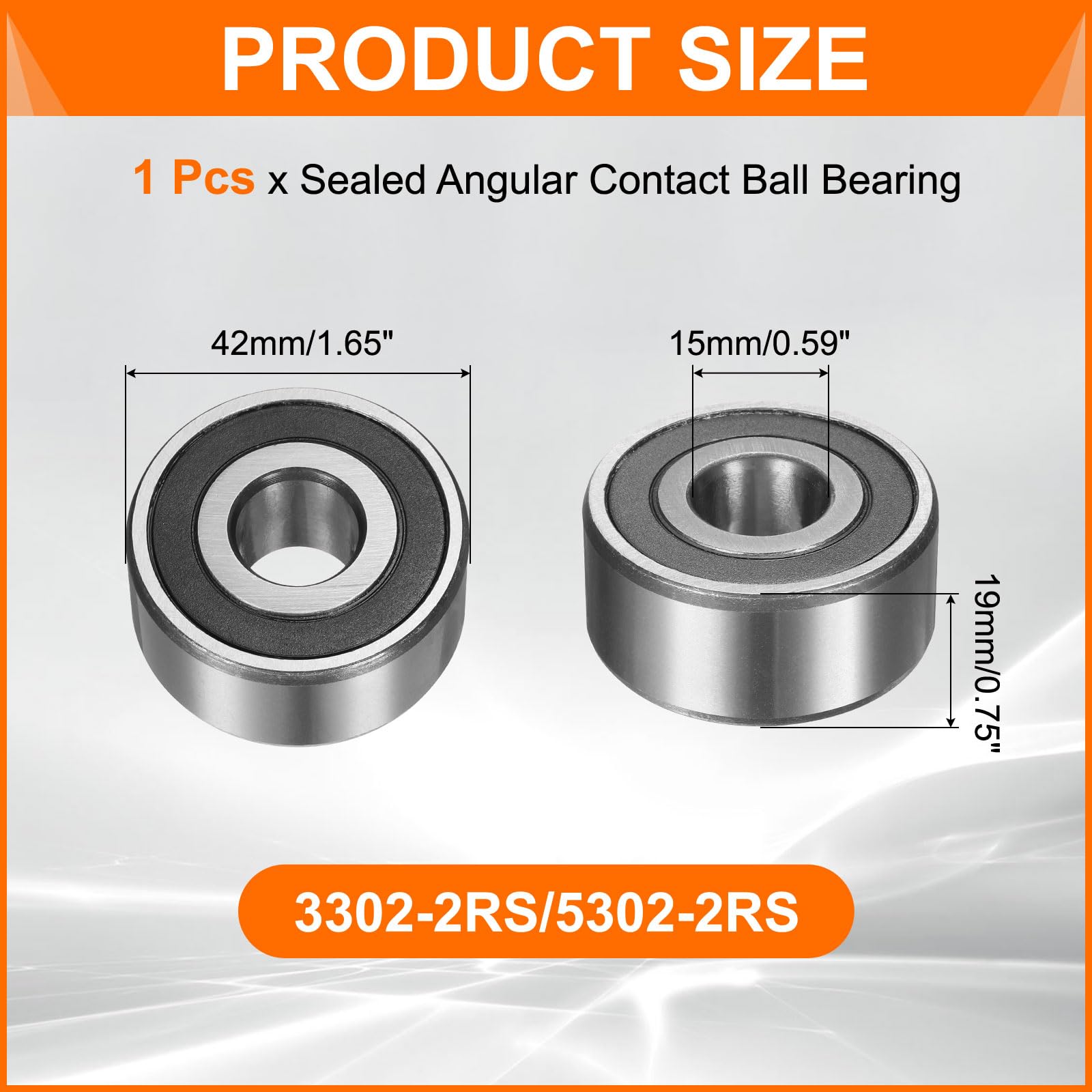 sourcing map 3302-2RS/5302-2RS Rodamiento de bolas de contacto angular sellado de doble fila, rodamientos de bolas de 15 x 42 x 19 mm para motor eléctrico, bombas, compresores, maquinaria agrícola