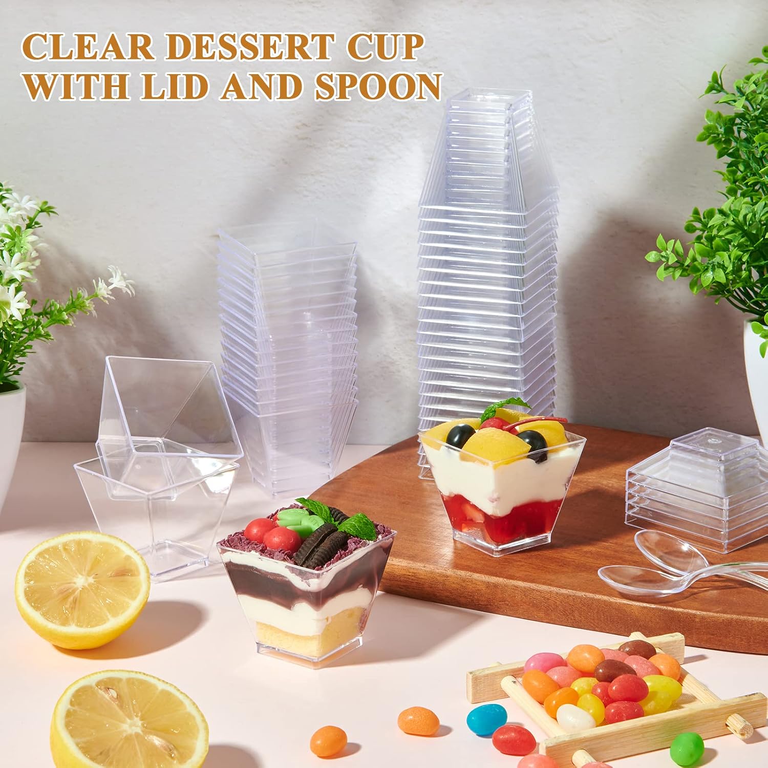 JOLLY CHEF 100 x 2 oz Mini Dessert Cups with Spoons and Lids, Square Tall - Clear Plastic Parfait Appetizer Cup - Small Reusable Serving Bowl for Party Desserts Appetizers