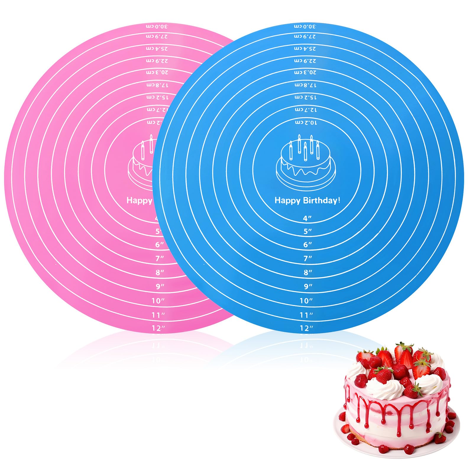 2Pcs 12-Inch Silicone Baking Round Mats Silicone Cake Mat Round with Measurements Reusable Non-Stick Sheets Heat Resistant Cookie Pad for Rolling Out Dough Cake Pizza and Cookies