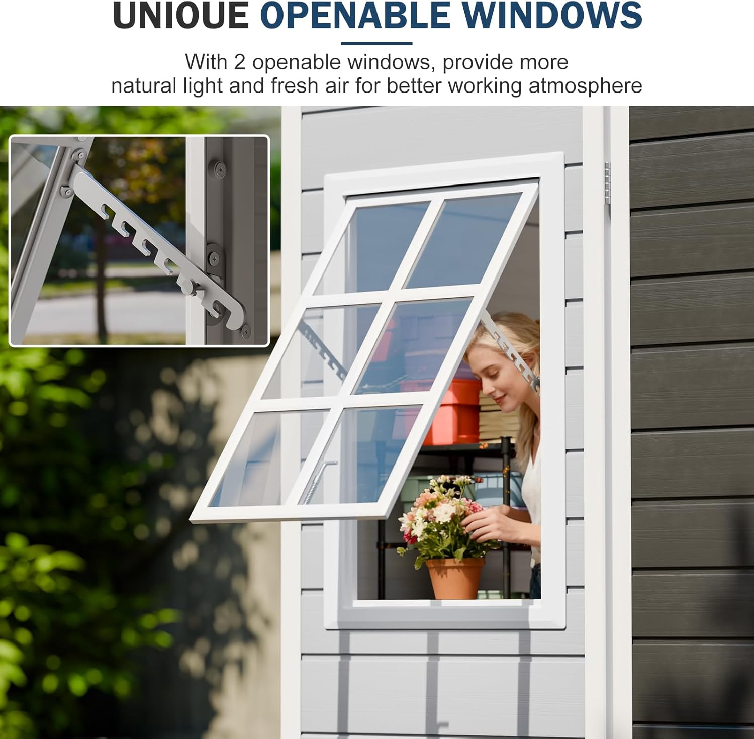 8x10 FT Resin Storage Sheds with Floor Unique Openable Windows Double Lockable Door, Reinforced Frame Waterproof Outdoor Plastic Garden Shed Kit for Backyard Patio Storage Lawnmover Bikes, Dove Grey