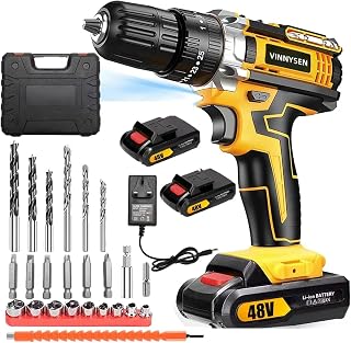 48V Cordless Drill, 3/8 Inch Power Drill Set with 2 Lithium Ion Battery and Charger, Electric Drill with Variable Speed, 24-Pieces Drill/Driver Accessories Kit (Yellow)
