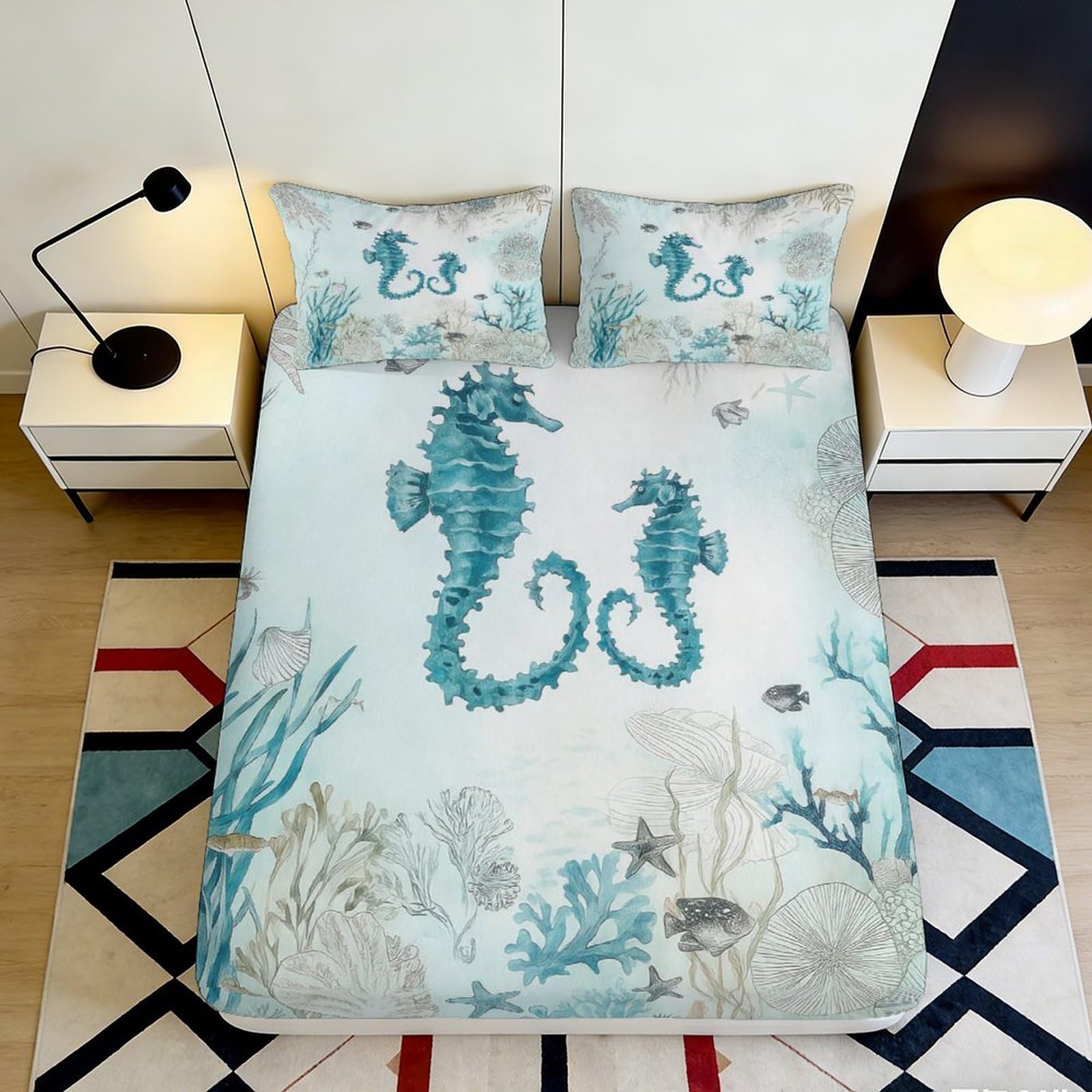 3D Printed Ocean Seahorse Fitted Sheet Microfiber Soft Decorative Coral Reef Mattress Cover for Bedroom Guest Room 90x200x25cm