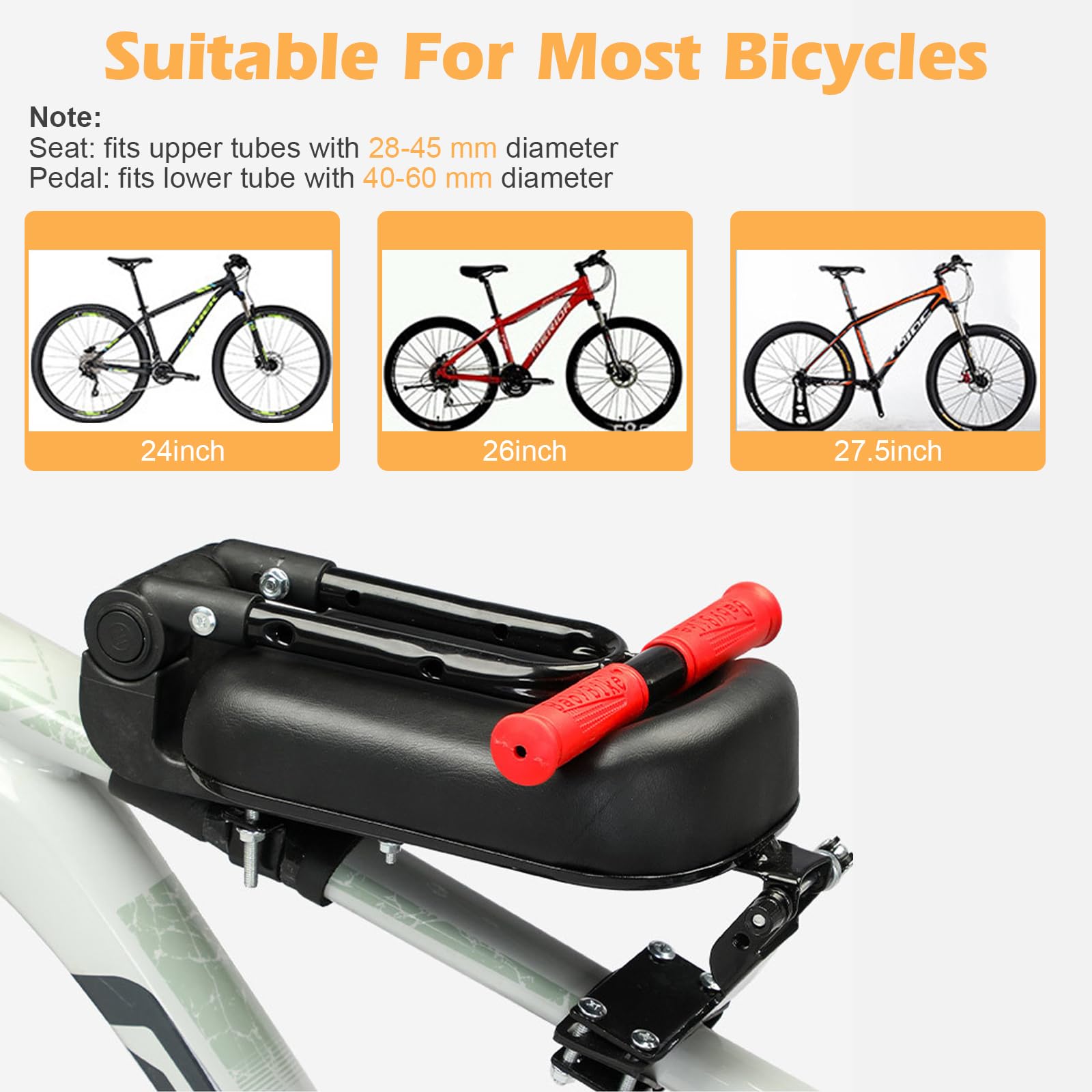 Asiento de Bicicleta para Bicicleta de Montaña,Silla de Bicicleta Delantera con Reposapiés y Asa para Niños, Ultraligero, Portátil, Plegable, Sin Montaje Herramientas