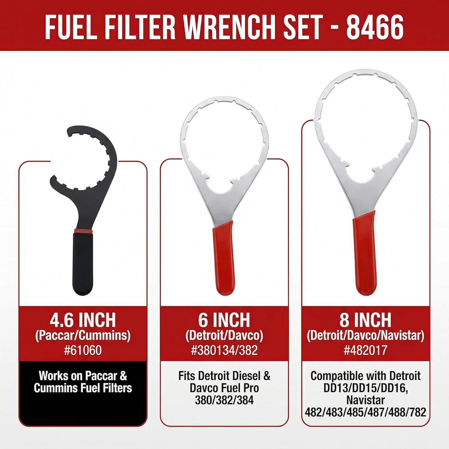 4.6'', 6'', 8'' Colar/Vent Cap Oil Fuel Filter Wrench Fits for Detroit Diesel Truck Engines 380134 382, Navistar Engines Diesel DD13, DD15, DD16, Peterbilt & Cummins Diesels