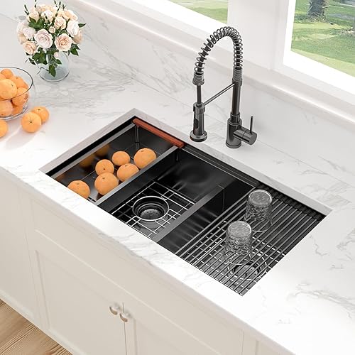 Vista 44 de Sarlai Fregadero doble de 33 piezas para empotrar - Fregadero de cocina de 33 x 19 pulgadas, acero inoxidable de calibre 16, esquina redonda, doble