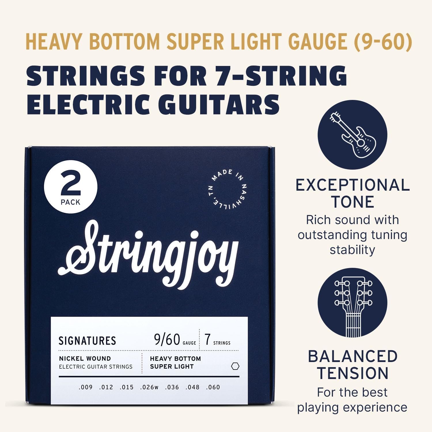 Stringjoy 7-String Heavy Bottom Super Light Gauge Signatures Nickel Wound Electric Guitar Strings 9-60, HVY97, Exceptional Balance & Tone, Electric Guitar 7 String Set, 2-Pack
