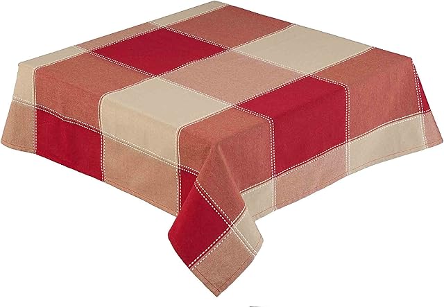 RED and Natural Check Tablecloth 52 Inch Round (132 cm) Circular Table Cloth Easy Care (Republic 59921)