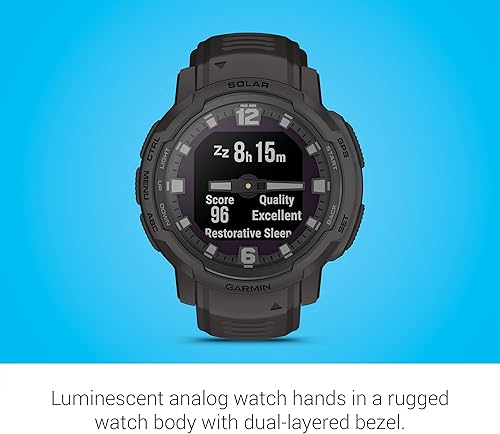 Vista 27 de Garmin Instinct Crossover, reloj inteligente híbrido resistente, manecillas analógicas y pantalla digital, granito azul azul Granite