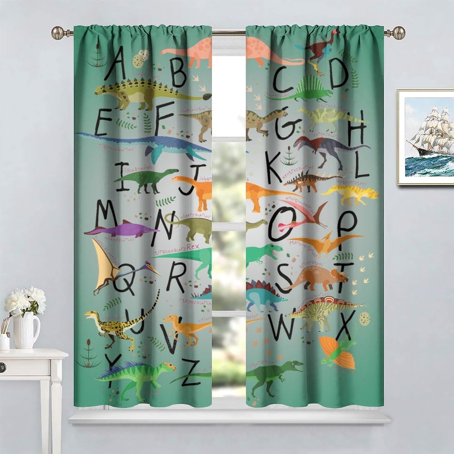 Dinosaur Letters Chart Curtains,Cartoon Dino Kids Window Treatments for Bedroom Living Room,Funny ABC Educational Learning Drapes for Nursery Study Window Curtains 72x63in