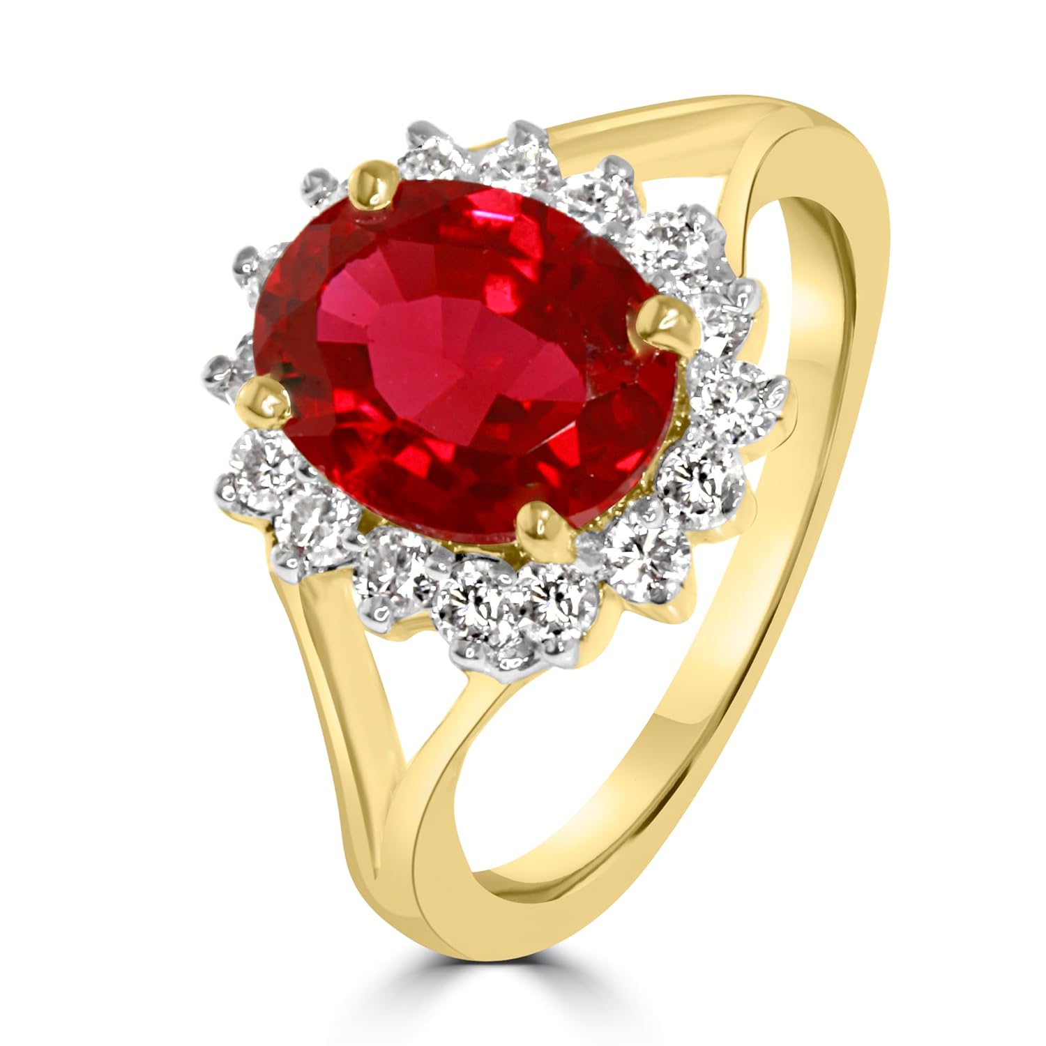 The Scarlet Halo Ring For Women | Gold Plated Silver | Gold Plated 925 Sterling Silver Red Ruby Look Solitaire Ring | Adjustable Finger Ring with Diamond Halo Setting | Elegant Party, Wedding Jewellery | Gift for Women & Girls