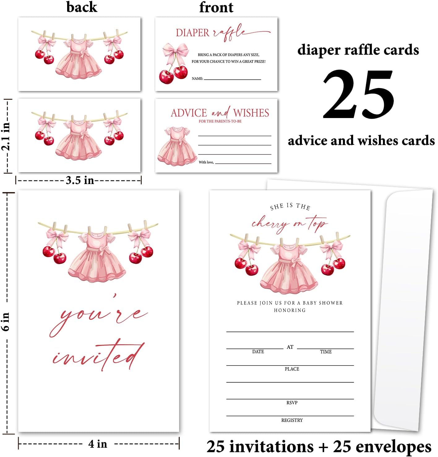 Cherry on Top Baby Shower Invitation Set - 25 Fill-In Invitations with Envelopes, Diaper Raffle Tickets and Advice and Wishes Cards, Pink Cherry Clothes Theme Gender Reveal Party Supplies /23