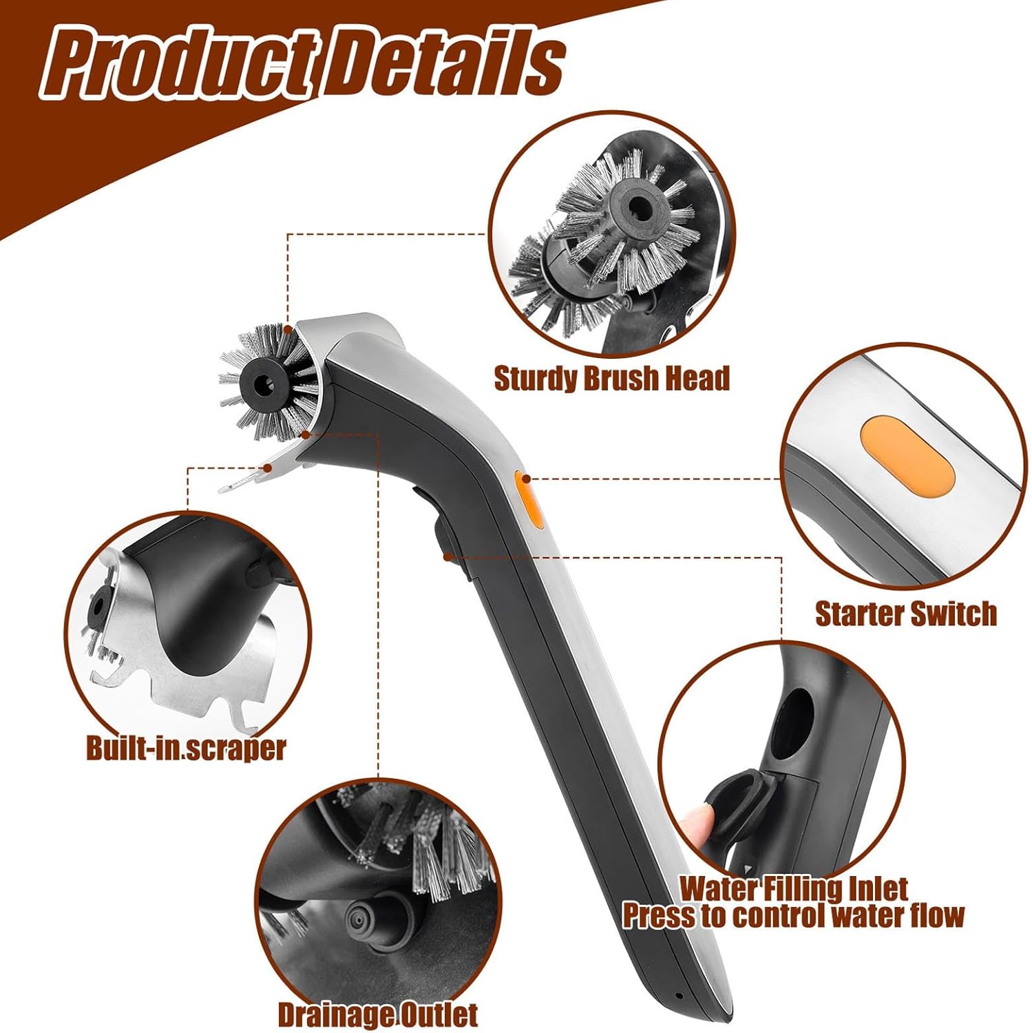 充電式パワーグリルクリーナー ダブルブラシ USB充電 + 用 ステンレス製 BBQ ウォータースプレー 26000rpm 電気スチ