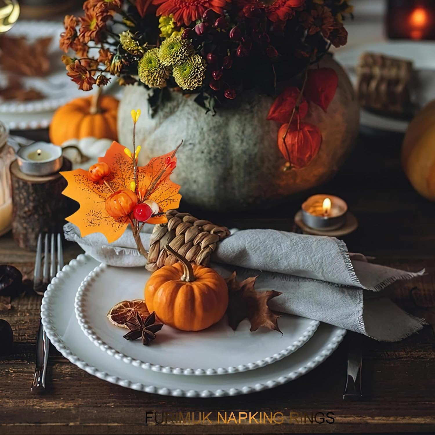 Set of 6 Fall Napkin Rings Thanksgiving Artificial Pumpkin Maple Leaves Berry Napkin Holder for Fall Gathering Table Decor, Wedding, Fall Banquet, Holiday Party Dinner Table Decorations