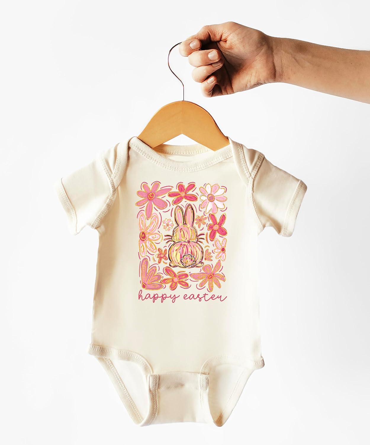 Olive Loves Apple Happy Easter Floral Bodysuit for Baby Girls Spring Holiday Flowers and Bunnies Boho Toddler One-Piece