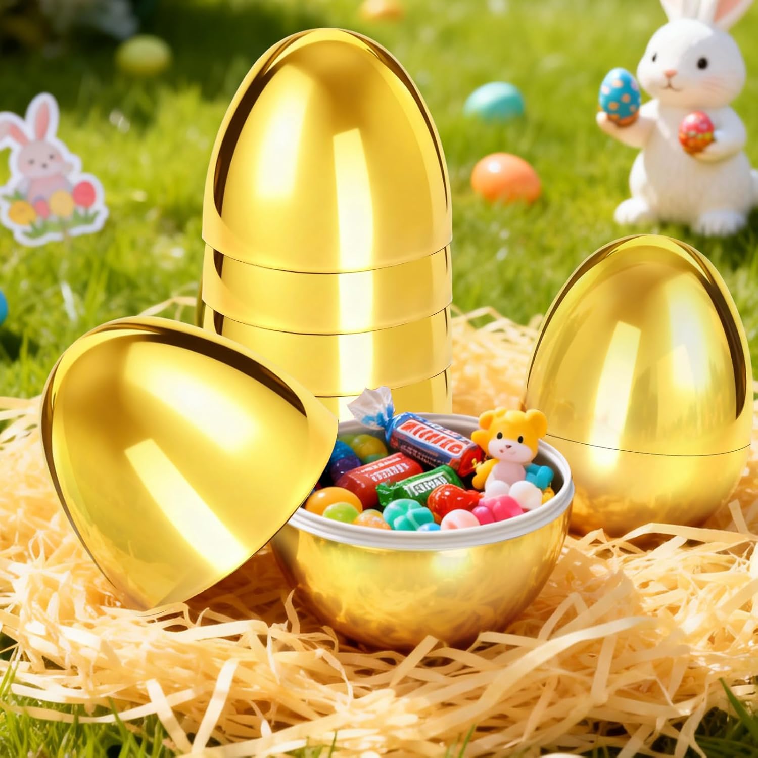 6 Pcs Jumbo Easter Eggs Fillable Metallic Large 6 Inch Gold Plastic Surprise Eggs, Easter Themed Hunt Rewards Basket Stuffers Fillers Filling Treats Party Favor Classroom Prize Supplies