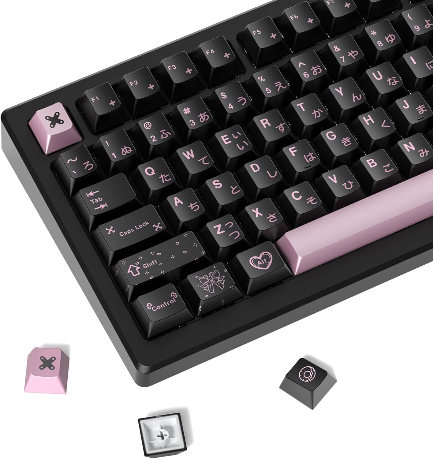 dagaladoo PBT Keycaps with Metal Paint,112-Key Black/Pink Custom Keycap Set dye Sublimation,Cherry Profile Key caps for 61/64/66/68/75/84/87 MX Switches Mechanical Keyboards
