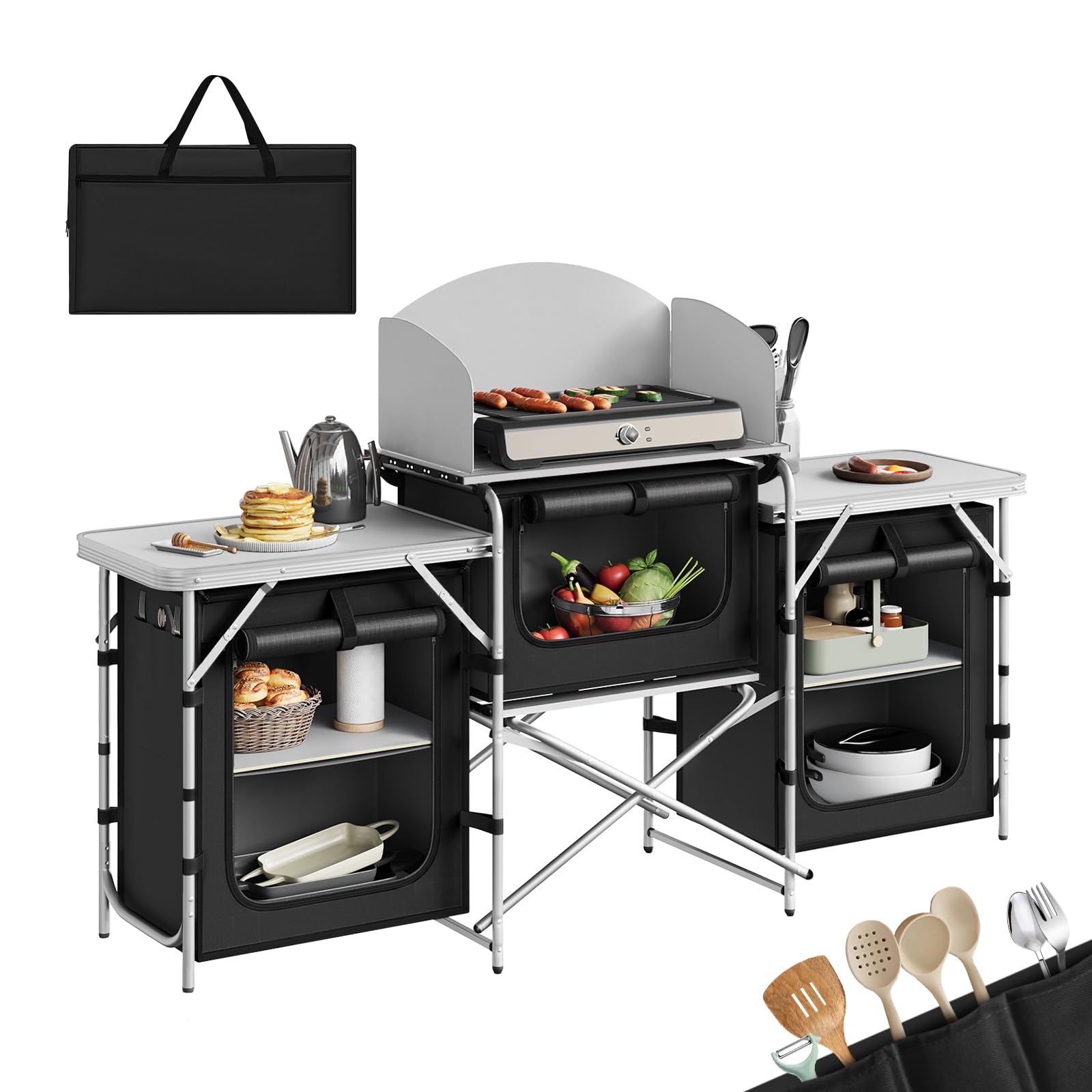 WOLTU Campingküche, Campingschrank faltbar, Outdoor Küche mit Arbeitsplatten Staufächern, Camping Tisch, Reiseküche, inkl. Tragtasche, Aluminium MDF, Schwarz