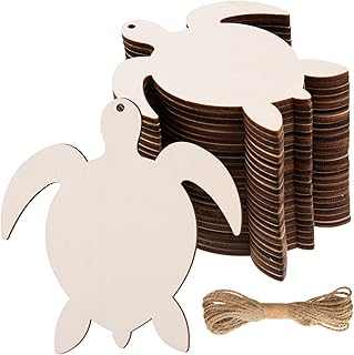 AWIZOM 48 Pcs Wooden Sea Turtle Cutouts Unfinished Wooden Sea Turtle Shape Ornaments Blank Wooden Summer Slices with 32.8 Ft Twine for DIY Craft Tags Summer Ocean Sea Theme Hanging Decor,3.94x3.7
