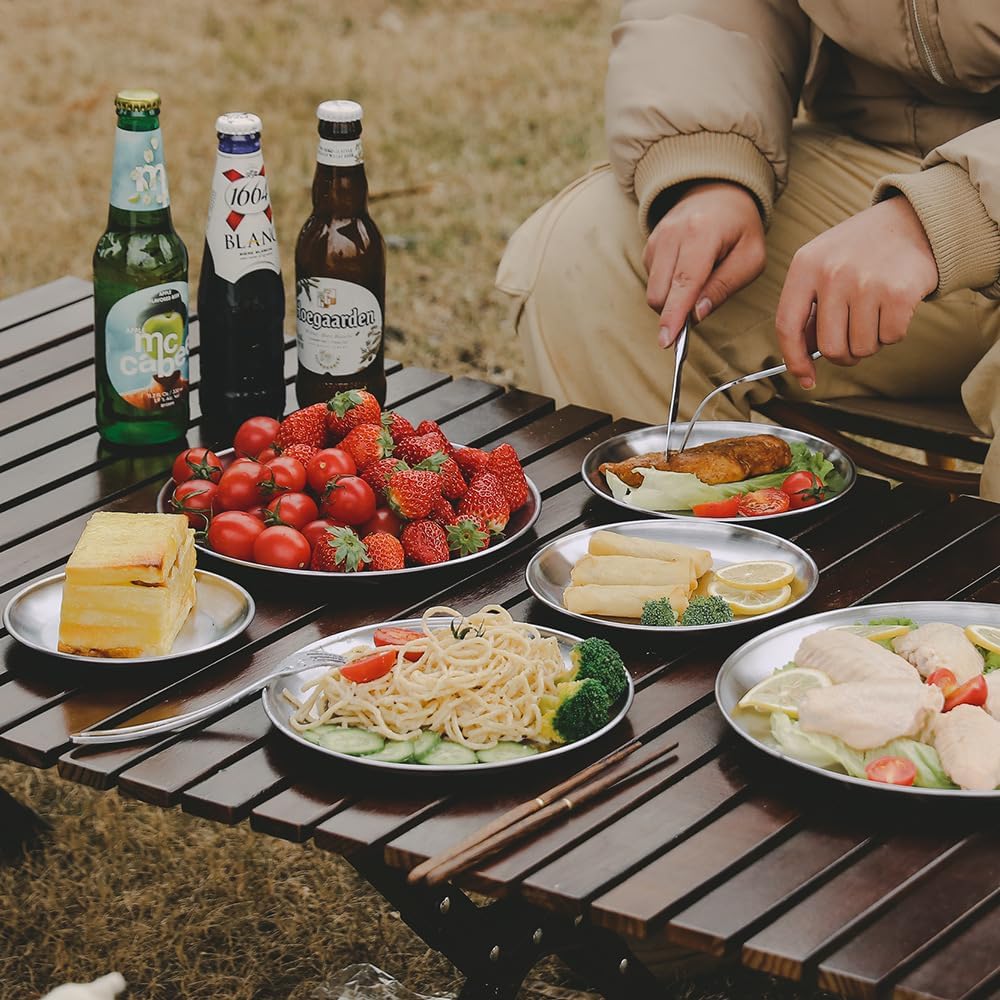 26cm / 10.24" Stainless Steel Plates Dishes Saucer Metal Stackable Serving Plates Outdoor Camping Home Food Tray Round Dinnerware Hiking Backpacking Travel Portable Durable Tableware