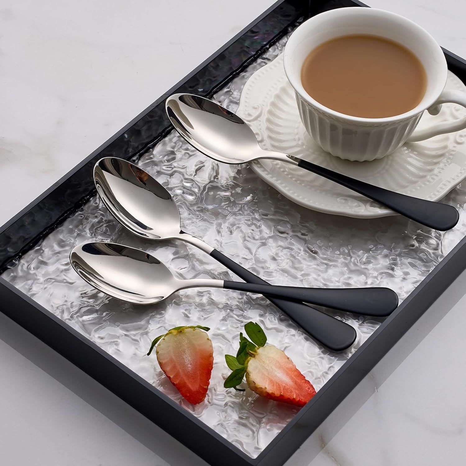 Dinne spoons Set 24 Piece,Black Handle Silverware 18/0 Stainless Steel Flatware Bulk 7.3-inch Dessert Spoons Sets Table of 24,Mirror Finished Dishwasher Safe