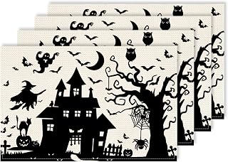 Halloween Placemats Set of 4 12x18 Inch Black and White Spooky Haunted House Tree Witch Table Mats for Home Kitchen Dining Party Outdoor Indoor Decoration CD20