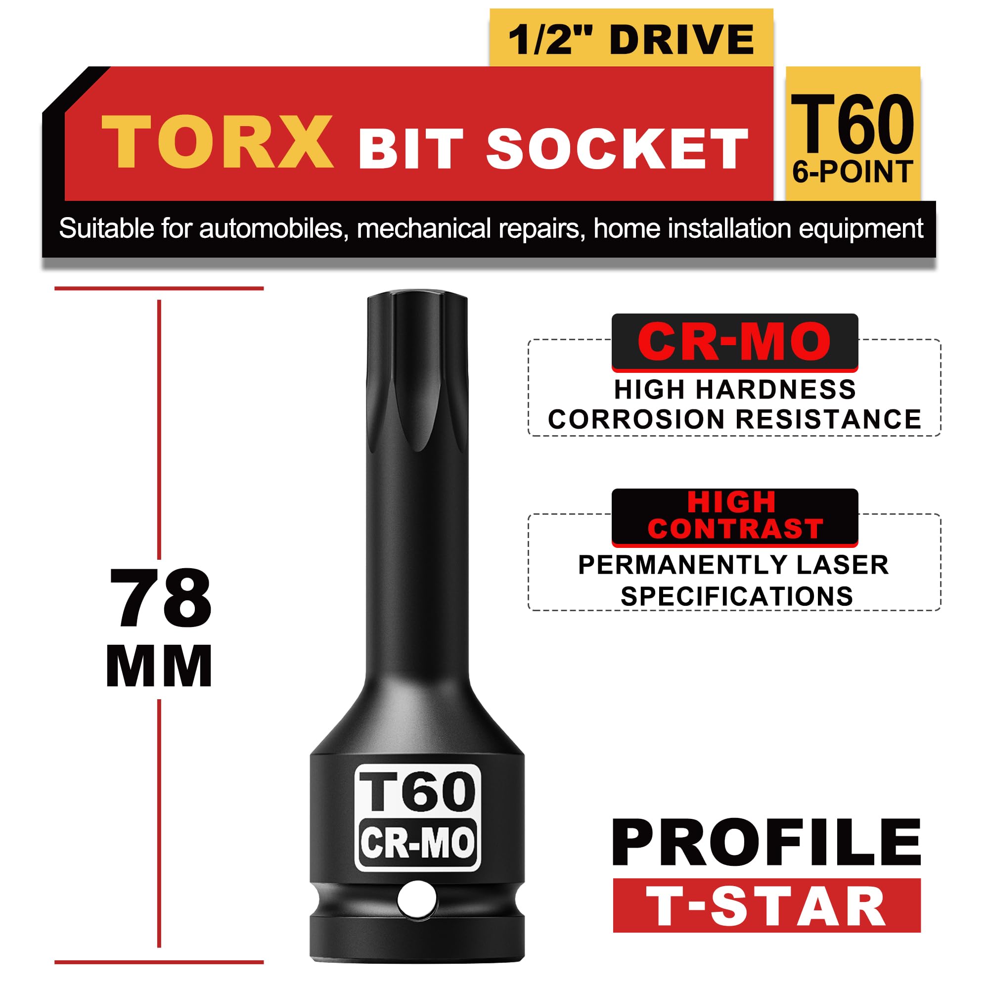 Juego de Llaves de Vaso de Impacto con Puntas Torx, 1/2 Pulgadas, T60, CR-MO, Para Automóviles, Mantenimiento Mecánico y Equipos de Instalación Doméstica