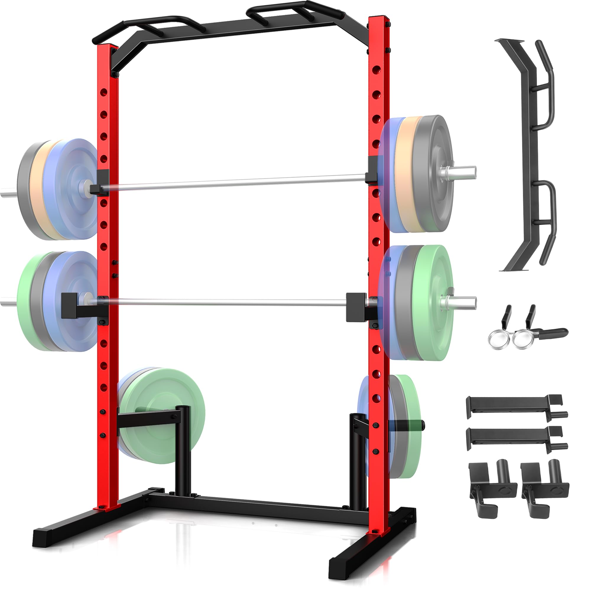 OPPSDECOR Squat Rack, Multi-Function Power Cage Rack with Adjustable Weight Bench, Squat Rack with Pull-up Bar, J-Hooks, More Training Attachment for
